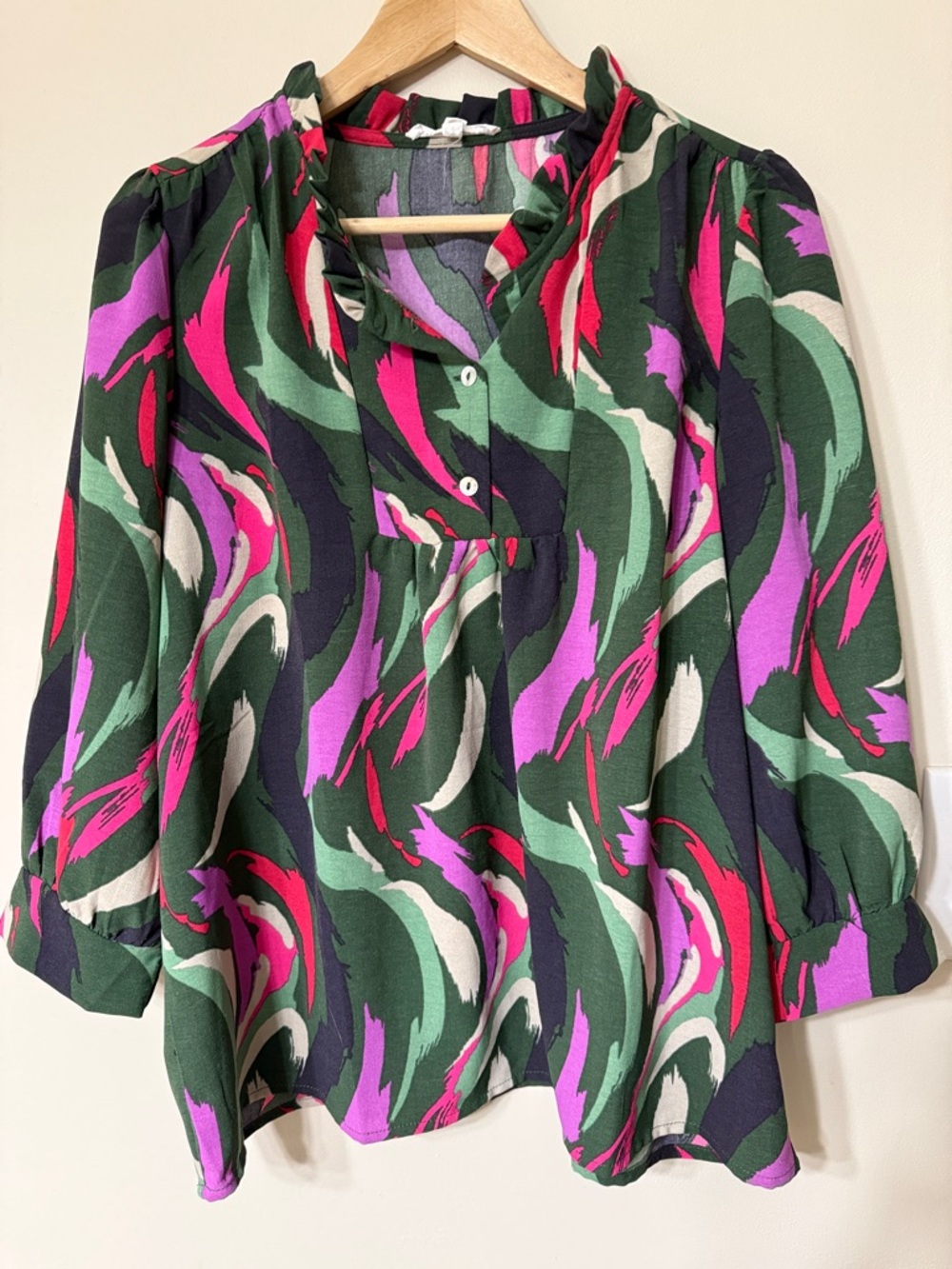 Vibrant Swirl Print Women’s Blouse - Green & Pink